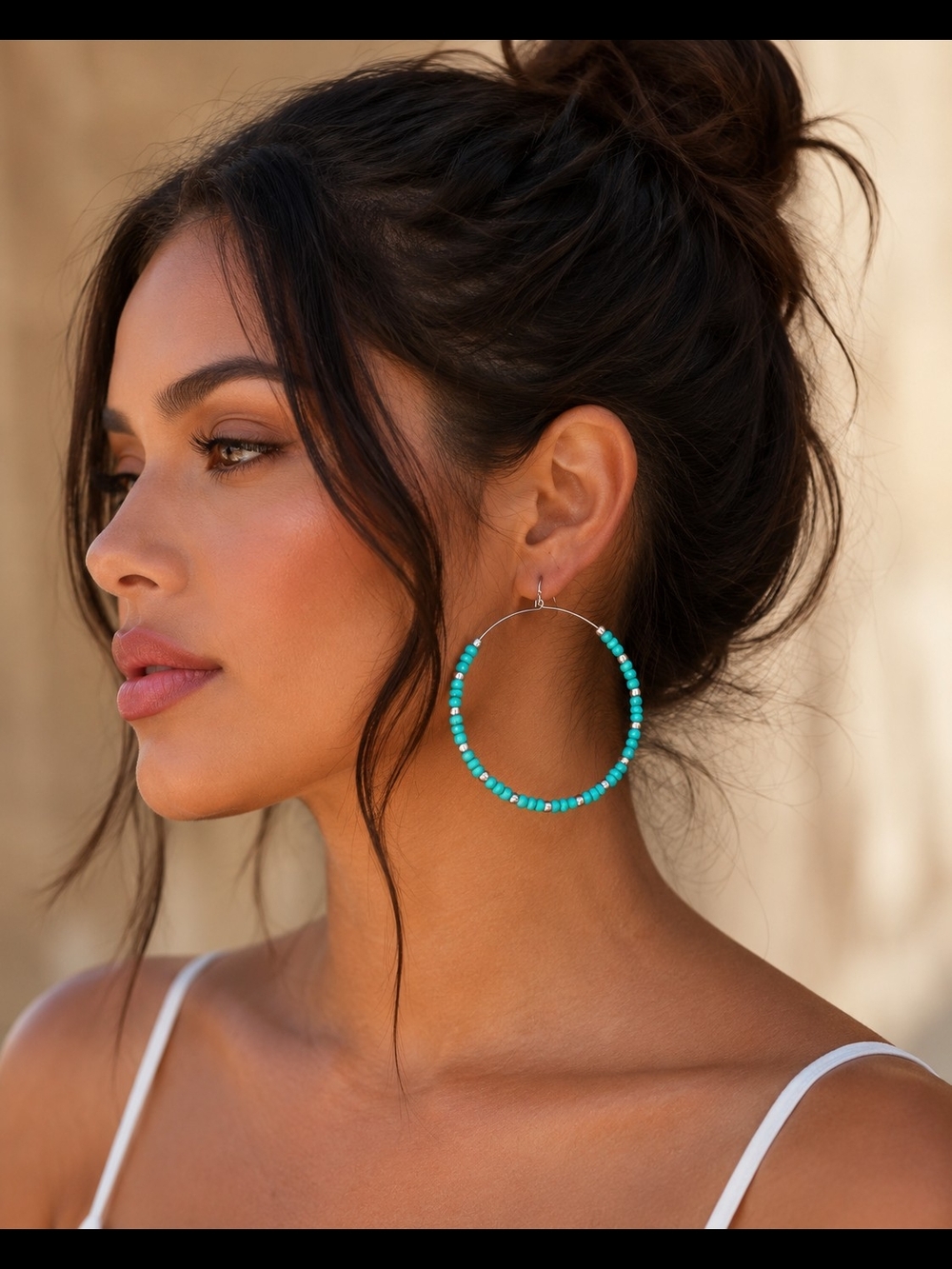 Beaded Turquoise Large Hoop Earings With Silver Accents